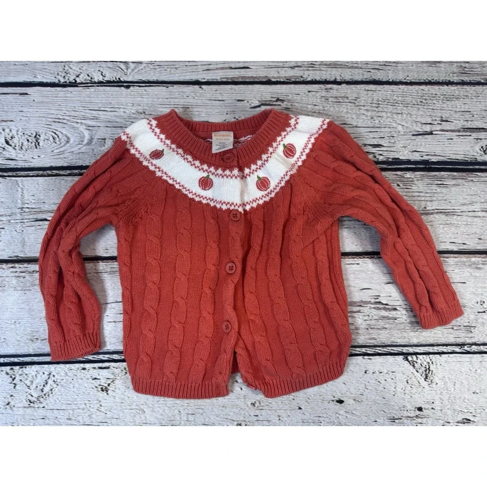 GYMBOREE Girls Size 18-24m Embroidered Pumpkin Cable Knit Cardigan Orange Button